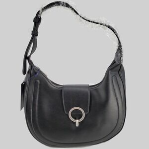 French Connection Charm Smooth Ring Closure Black Faux Leather Shoulder Hobo Bag